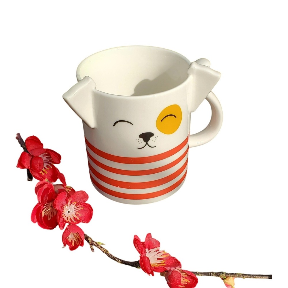 Parker Lane Winking Dog Stoneware Mug Orange White Striped 3D Ears‎ Coffee Cup